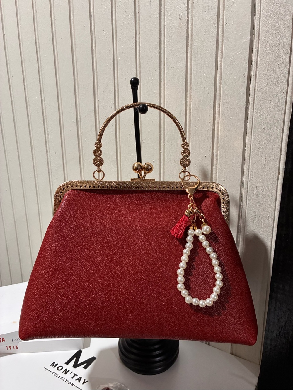 Red Frame-Top Clutch with Pearl Wristlet and Gold Hardware Genuine Leather